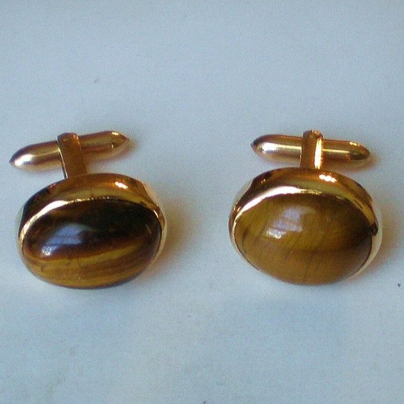 Vintage Solid 10K Yellow Gold Tiger Eye Men's Men Cufflinks Original Box 18.7 g.